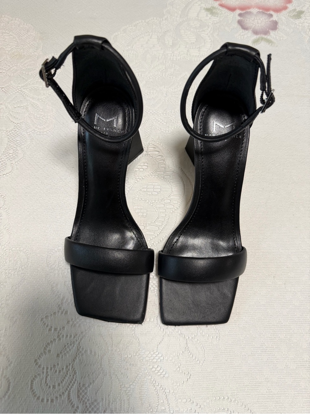 Marc Fisher Black Square-Toe Ankle-Strap Heels
